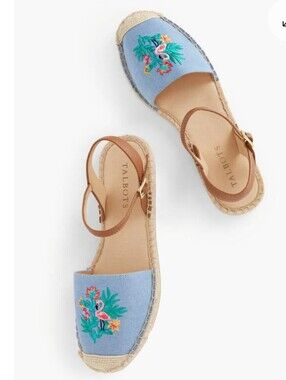 Talbots Blue Flamingo Embroidered Ankle Strap Espadrille Sandals Size 9